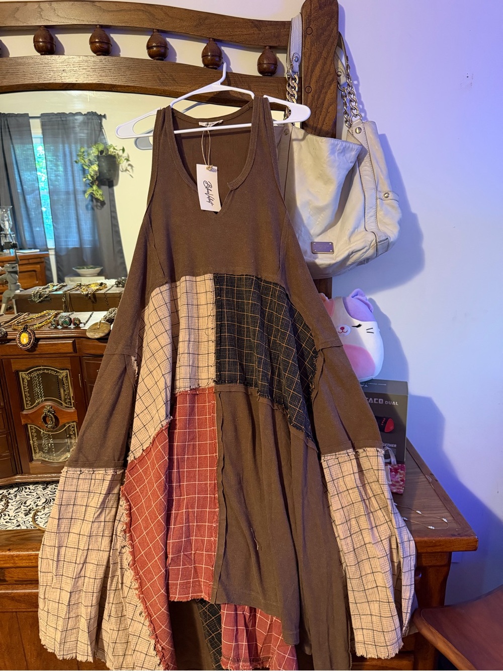 Blue Velvet Asymmetrical Patchwork Maxi Dress in Brown